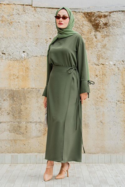 Tesettür Çarşım Krep Anvelop Bağlamalı Etek Bluz Takım-Haki