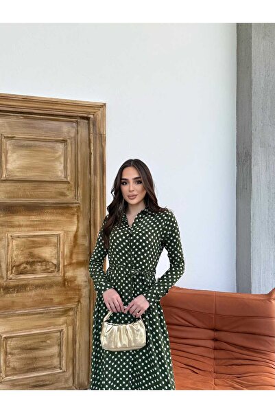 diloş butik Puantiye Desen Kuşaklı Gömlek Elbise