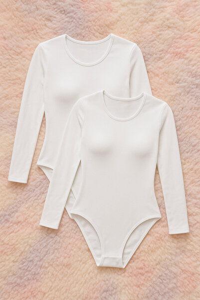 ROZELT Women's Cotton Long Sleeve Wide Neck White 2-Piece Snap-On Bodysuit