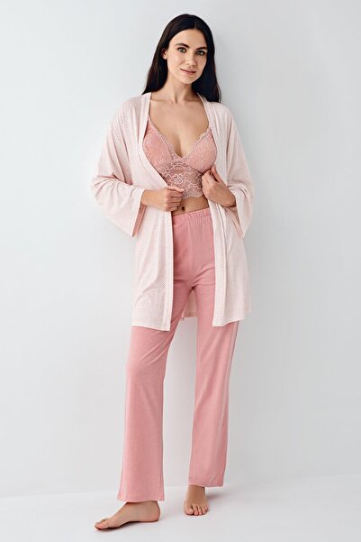 Arnetta Women's Retro Pink 3-Piece Set, Pajamas Dressing Gown Bralet Set, 50% Cotton 50% Modal