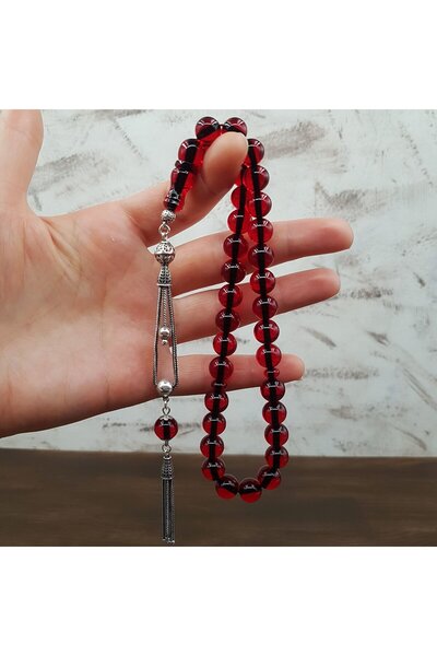 Kehribar Diyarı Gümüş Püskül Kırmızı Küre Ateş Kehribar Tesbih