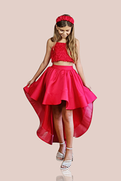 GİST KIZ ÇOCUK KIRMIZI KUYRUKLU SATEN ETEK SAÇAKLI CROP ABİYE TAKIM