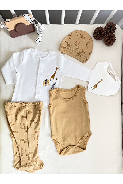 Bebbek Zürafa desenli %100 pamuk kumaş 5'li hastane çıkış seti