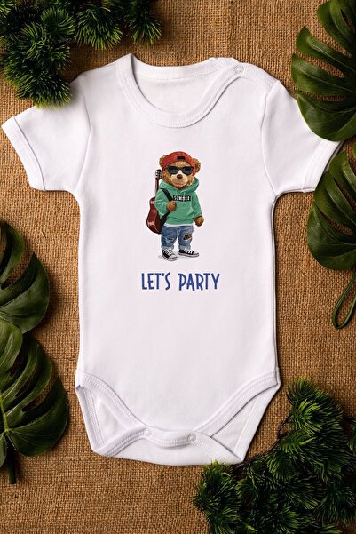 EYDUBABY Organic Cotton Teddy Bear Let's Party Printed Baby Bodysuit