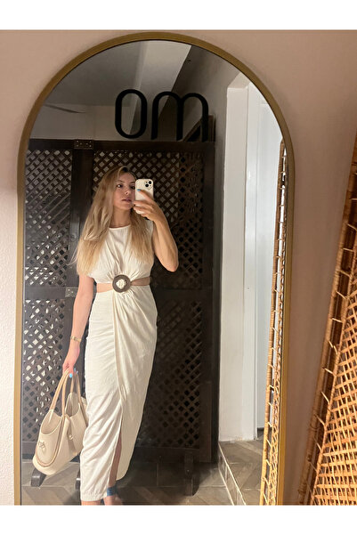 Çeşme Home Women's White Belt Detailed Double Breasted Slit Midi Dress