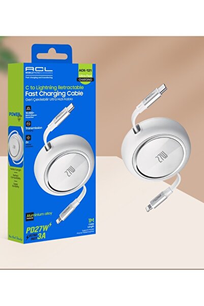 ACL ACK-121 - 1 metre Uzunluğunda PD 27W 3A Geri Çekilebilir Ultra Hızlı Şarj Kablosu