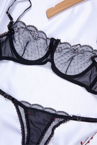 Crystal Life Set sutien din dantelă neagră cu imprimeu pisici – Dantelă transparentă, bretele reglabile, chiloți tanga