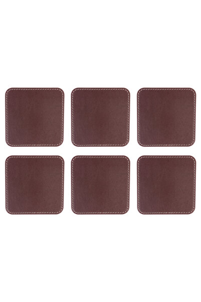 2K Coasters, Set of 6, Desktop Square Cup Coaster, Vegan Faux Leather, 11X11 Cm., Burgundy