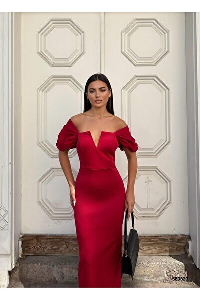 Modafeminen Flexible Scuba Fabric Strapless Sleeve Pleated Detail Evening Dress Red 583323