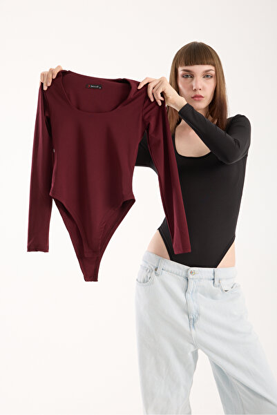 Gugus Women's Square Neck Long Sleeve Snap Button/Zibin Body Suit