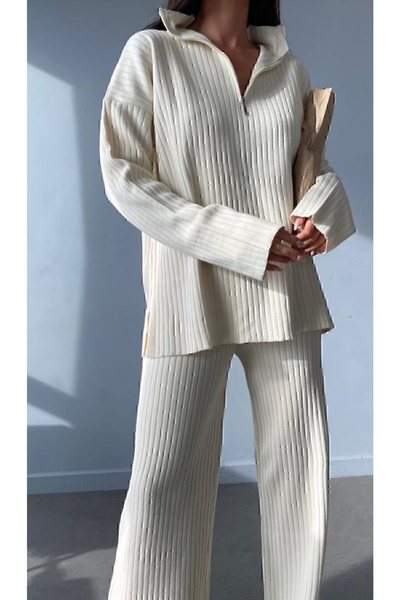 Cemre Life Women's Comfortable Fit Bottoms and Tops Set with Zipper Detail Black Knitwear Pants & Top Set