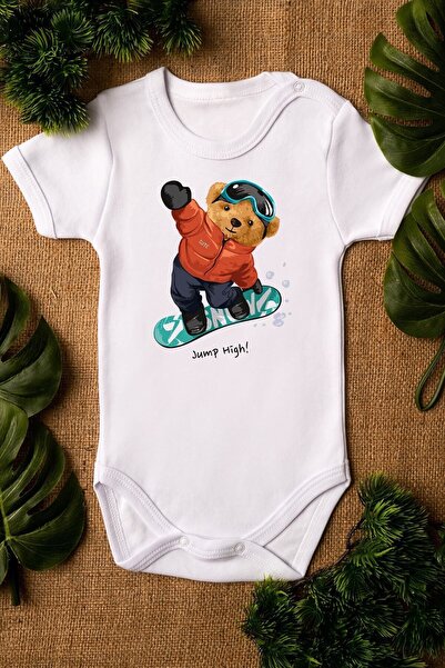 EYDUBABY Organic Cotton Teddy Bear Snowboard Printed Baby Bodysuit