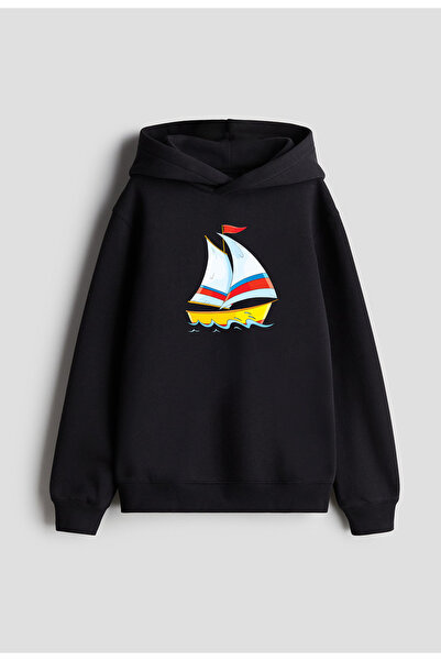 MODA Μπλούζα με κουκούλα Boat Sailing με τύπωμα για κορίτσια και αγόρια, μαύρ...