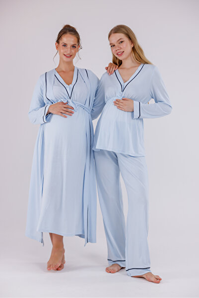 Yulem Homewear Mavi Biyeli Uzun Kollu Pamuklu Hamile Lohusa Sabahlıklı Pijama Takım ve Gecelik 4'lü Set