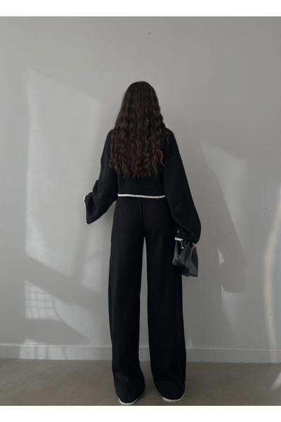 H&E LUXURY DESIGN Női fekete, kényelmes szabású kötöttáru kétrészes szett - modern és stílusos kombináció