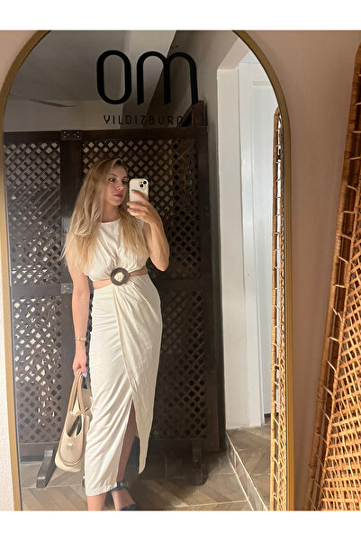 Çeşme Home Women's White Belt Detailed Double Breasted Slit Midi Dress