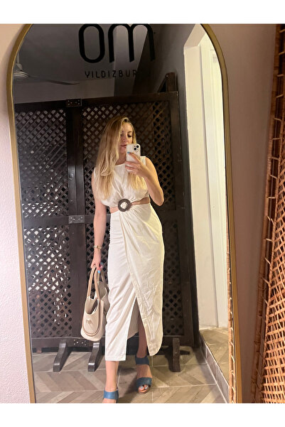 Çeşme Home Women's White Belt Detailed Double Breasted Slit Midi Dress