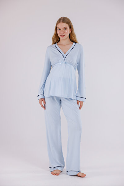 Yulem Homewear Mavi Biyeli Uzun Kollu Pamuklu Hamile Lohusa Sabahlıklı Pijama Takım ve Gecelik 4'lü Set