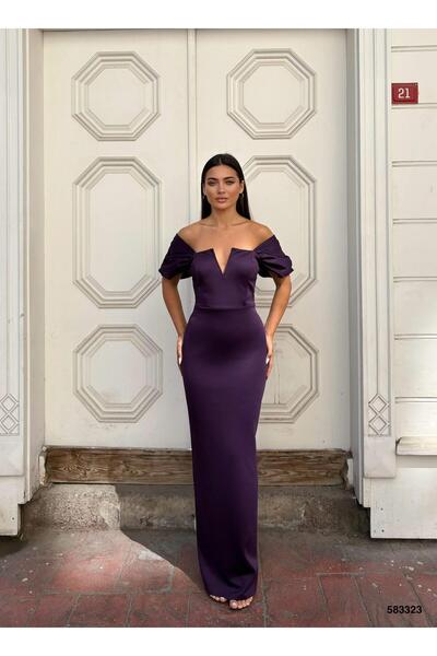 Modafeminen Flexible Scuba Fabric Strapless Sleeve Pleated Detail Evening Dre...