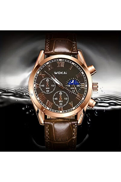 Wokai Men's Quartz Watch - Rose Gold Accents, Brown Faux Leather, Roman Numerals and Black Dial