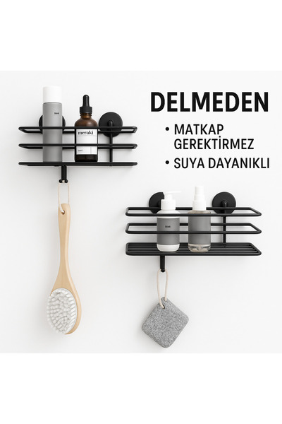 ERD & EMA HOME Raft negru pentru baie cu cârlige metalice adezive puternice 2 buc