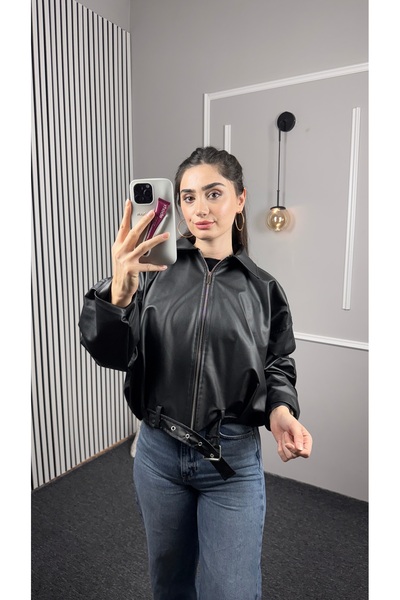 TEXXANA معطف من الجلد الصناعي متوسط ​​الطول بأكمام طويلة وسحاب وحزام