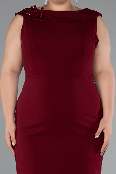 Abiyefon Bordo Kolsuz Midi Büyük Beden Davet Elbisesi ABK2422