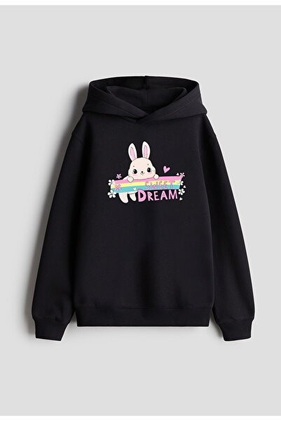 MODA Hanorac cu glugă Cute Rabbit cu imprimeu pentru fete și băieți, negru cu...