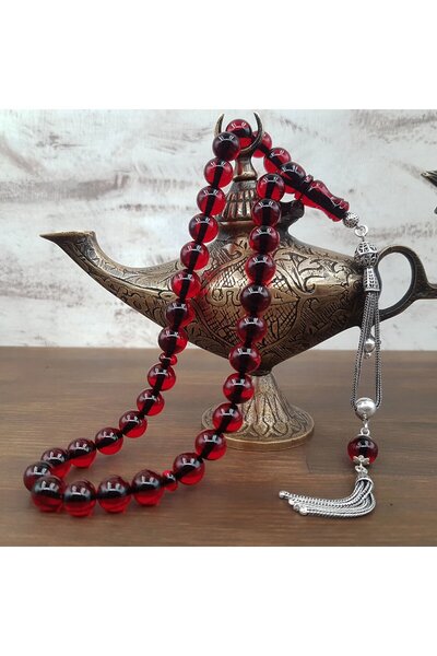 Kehribar Diyarı Gümüş Püskül Kırmızı Küre Ateş Kehribar Tesbih