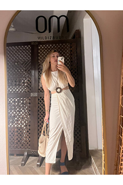 Çeşme Home Women's White Belt Detailed Double Breasted Slit Midi Dress