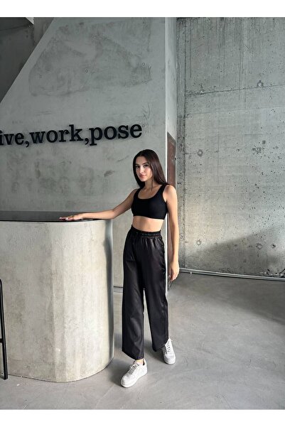 YKW Kadın bol paça siyah deri pantolon👖