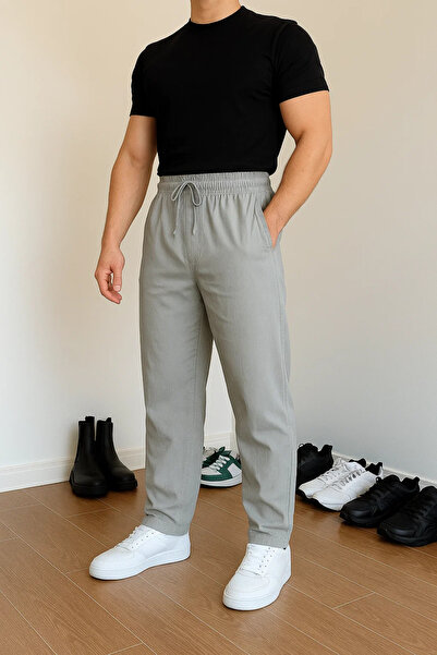 COMBİNE MİCHAİL Men's Elastic Waist Casual Gray Linen Trousers