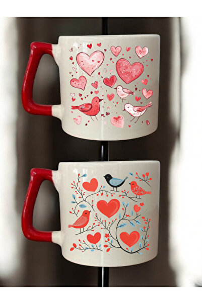lili hediyelik أكواب قهوة سيراميك مطبوعة برسومات طيور على شكل قلب - أكواب سير...