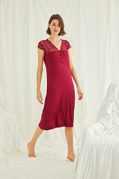 MONAMİSE Women's red nightgown with lace trim at sleeves, shoulders, and neckline, button-up front.