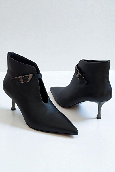 ERS Air Comfort Hakiki Deri Siyah Kadın Bilekte Bot 7 cm İnce Metal Topuk Siv...