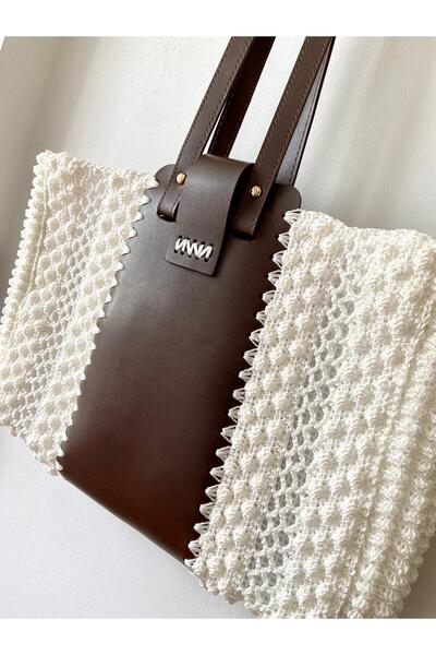 örgücü teyze Leather Tote Bag with Knit Detail