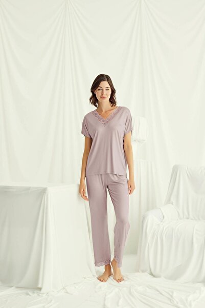 MONAMİSE Set de pijamale din nurcă, cu mâneci scurte, cu decolteu în V, pentr...