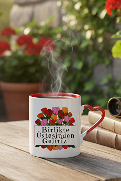 qoeuyl boutique Together We Overcome Printed Red Heart Mug with Handle, Gift for Lover, Spouse, Husband and Wife