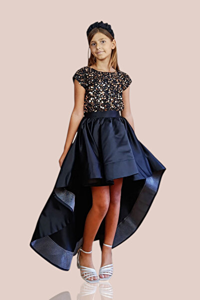 GİST KIZ ÇOCUK SİYAH - ALTIN PULLU BLUZ SİYAH KUYRUKLU SATEN ETEK ABİYE TAKIM