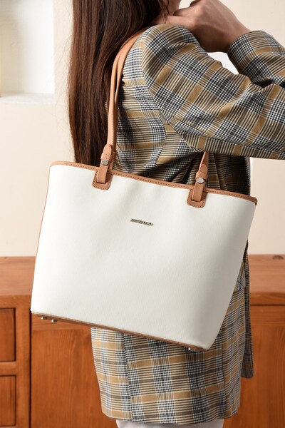 Just Polo Women's Large Size Water Resistant White Tan Lacoste Fabric 4 Compartment Hand and Shoulder Bag Pbu2170