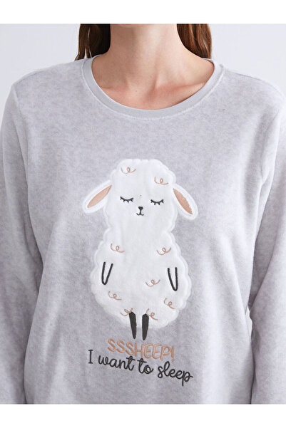 LC Waikiki Gray Crew Neck Embroidered Fleece Women's Pajama Set