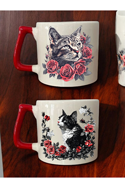 lili hediyelik Floral Sweet Cat Printed 2-Piece Coffee Cup Ceramic Mug - Ceramic Tea, Coffee Gift Cup
