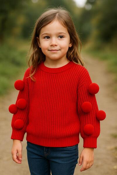 meriç bebe - bütün çocuklar melektir. mrc Kız Çocuk Oversize Triko Kazak– Dikisiz, Ponpon Detaylı, 2-7 Yaş Yerli Üretim