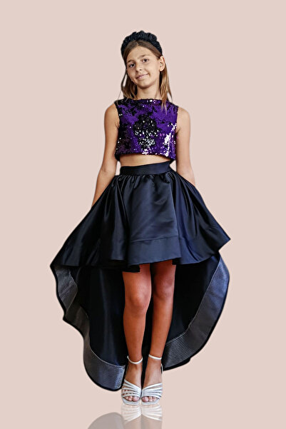 GİST KIZ ÇOCUK SİYAH - MOR PAYET CROP SİYAH KUYRUKLU SATEN ETEK ABİYE TAKIM