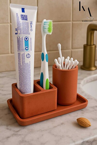 Karra Art 3 Piece Concrete Bathroom Set – Toothbrush Holder, Cotton Swab Box and 15X10 cm Tray |   Minimalist Design
