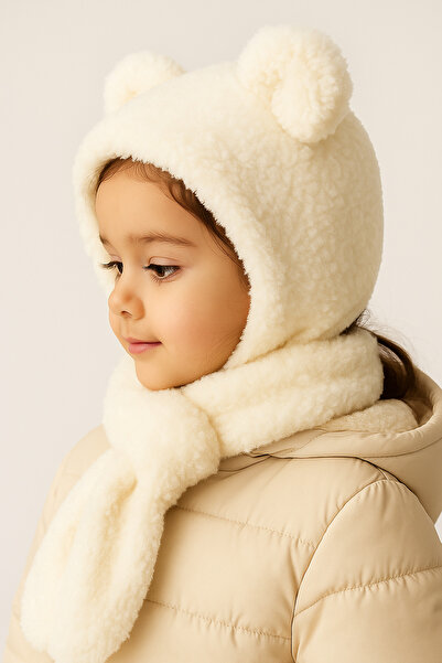 ESES BEBE Bebek & Çocuk Kışlık Kulaklı Welsoft Peluş Bere Atkı Takımı (Yumuşacık Krem)