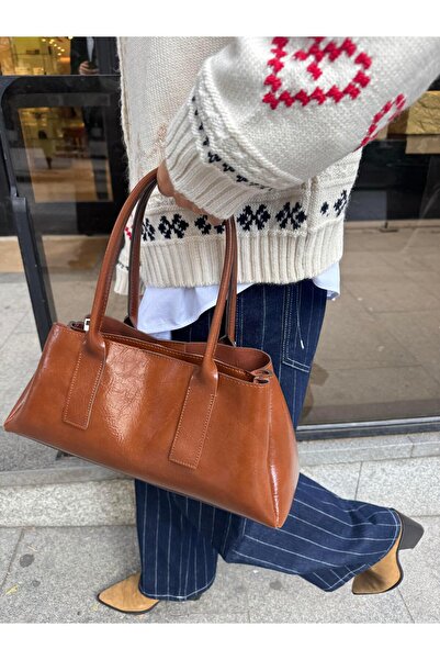 Tina İstanbul Üç Bölmeli Uzun Saplı Kadın El ve Omuz Çantası Taba