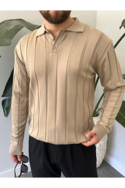 Gambocci Ανδρικό πλεκτό πουλόβερ με μακρυμάνικο γιακά πόλο oversized φαρδύ αυτοπλεκτό