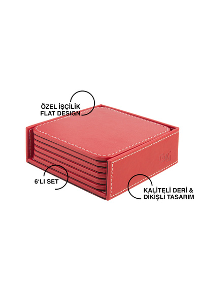 2K Coasters, Set of 6, Desktop Square Cup Coaster, Vegan Faux Leather, 11X11 Cm., Red