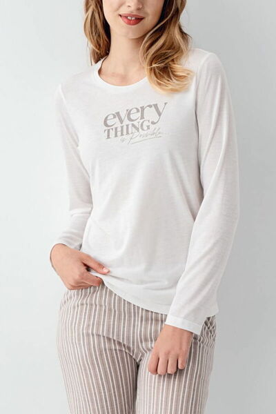 Arnetta Set de pijamale pentru femei, 100% bumbac, imprimat și cu dungi, decolteu cu gât, mâneci lungi, cu buzunare, alb